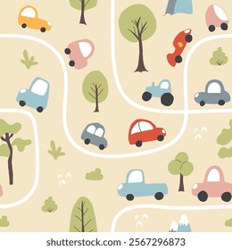 Cute Cars Seamless Pattern, Childish Cartoon background, vector Illustration