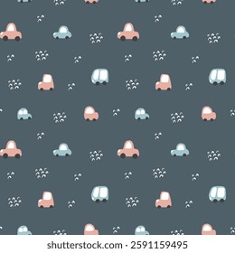 Cute Cars Seamless Pattern, Childish Cartoon background, vector Illustration.
