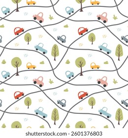 Cute Cars Seamless Pattern, Childish Cartoon background, vector Illustration