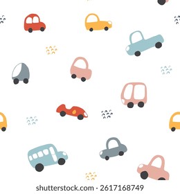 Cute Cars Seamless Pattern, Childish Cartoon background, vector Illustration.