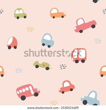 Cute Cars Seamless Pattern, Childish Cartoon background, vector Illustration.