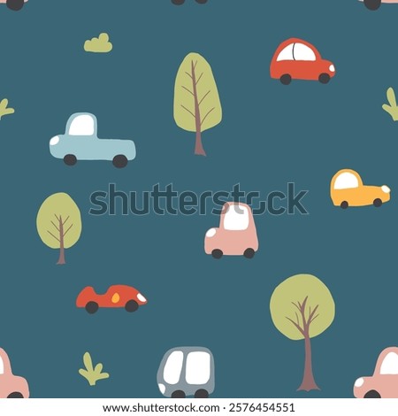 Cute Cars Seamless Pattern, Childish Cartoon background, vector Illustration