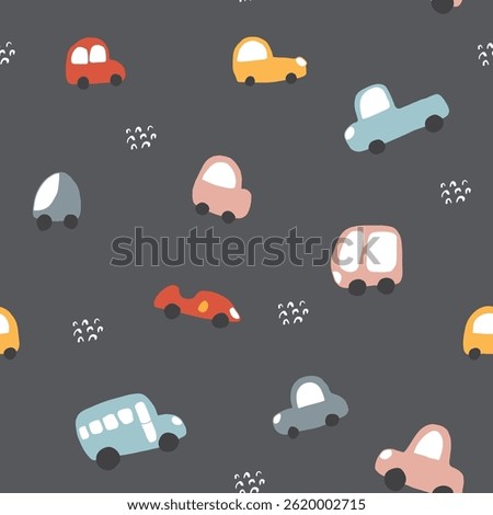 Cute Cars Seamless Pattern, Childish Cartoon background, vector Illustration.