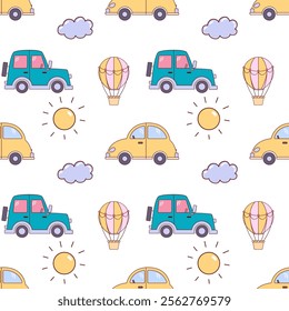 Cute Cars and Sky Balloons Seamless Pattern, Cartoon transportation Doodles Background, vector Illustration.