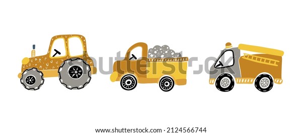 Cute\
cars, tractor and trees. Funny transport. Cartoon vector set in\
scandinavian style.  Simple childish style for\
kids.