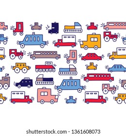 Cute cars vector seamless border. Kids automobile. Can be used for wallpaper, textile, invitation card, wrapping, web page background.