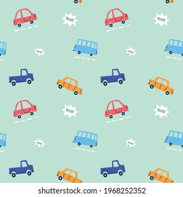 Cute Cars. Vector Seamless Pattern For Kids Apparel