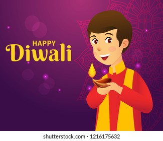 Cute carton indian boy holding diya (india oil lamp) and wishing everyone a happy diwali- festival of lights