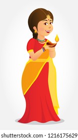 Cute carton indian girl holding diya (india oil lamp) and wishing everyone a happy diwali- festival of lights