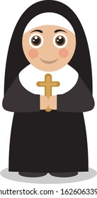 cute carton nun in black robes with a cross in her hands