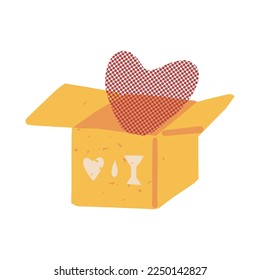 Cute carton parcel box with a Fragile sign and a flying-out heart. The symbol of love, gift delivery, and Valentine's Day advertising icon. Vector retro-style hand-drawn illustration.