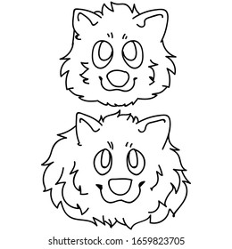 Cute carton pomeranian dog and puppy breed face lineart vector clipart. Pedigree kennel doggie for dog lovers. Purebred domestic pet for pet parlor illustration mascot. Isolated canine spitz hound. 