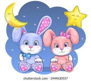 Cute carton rabbit couple with star and moon balloons. Night vector illustration on blue background.