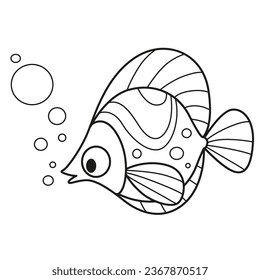 Cute carton sea fish with cirvle ornaments outlined for coloring page isolated on white background