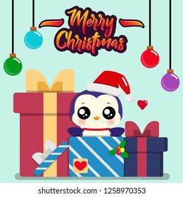 Cute Carton Style Penguin with Christmas gifts for Merry Christmas