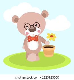 Cute carton teddy with flower. Vector illustration
