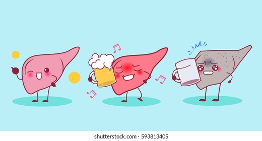 cute cartonn liver drink beer with cirrhosis problem concept