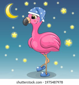 Cute Cartoo Pink Flamingo In Night Cap And Slippers. Night Vector Illustration With Moon And Stars. 