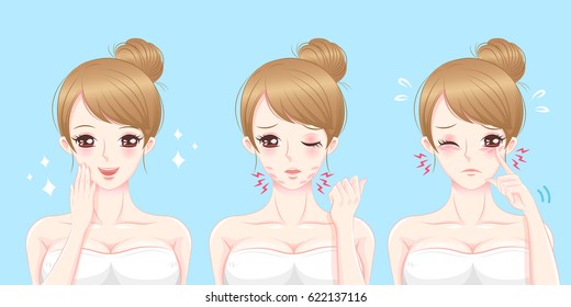 cute cartoom woman with eye problem on blue baackground