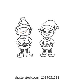 cute cartoon 2 elfs isolated on white background. Cute coloring page for kids. Vector illustration