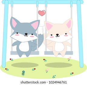 Cute cartoon 2 kid of fox or dog,boy and girl playing swing in the garden or playground,character smile and satisfied,happy playing activities by hand draw doodle comic style,animal set vector design