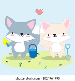 Cute cartoon 2 kid of fox or dog boy and girl gardening flower plant,character smile and satisfied,happy playing activities illustration by freehand draw doodle comic style,animal set vector design