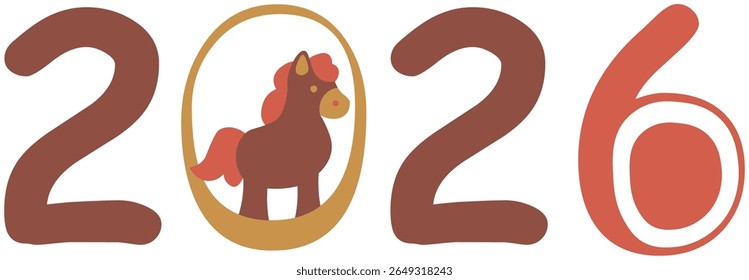 Desenho animado bonito 2026 Ano Novo com pônei dentro número zero em fundo branco. Perfeito para calendários, cartões de felicitações e decorações de Ano Novo. Ilustração do vetor EPS10