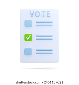 Niedliches Cartoon 3D-Stimmzettel mit Häkchen isoliert auf weißem Hintergrund. Gestaltungselement für Wahlkampfkonzept. Stimmzettel-Vektorillustration des 3D-Renderings.