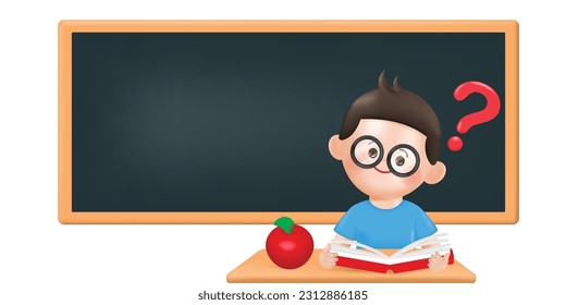 Cute cartoon 3d boy reading a book in the classroom back to school concept. 3d illustrator vector rendering design.