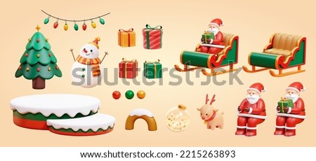 Cute cartoon 3d Christmas decoration element set isolate on beige background.