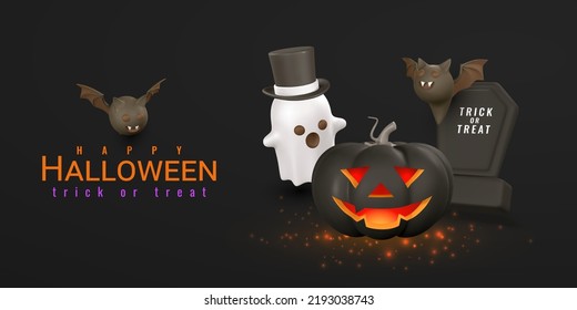 Cute cartoon 3d Halloween banner. Halloween pumpkin, ghost, tombstone, bat. Halloween concept. Vector illustration.