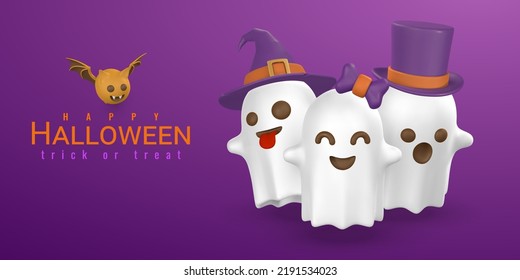 Cute cartoon 3d Halloween ghost with top, witch hats and bow. Halloween concept. Vector illustration.