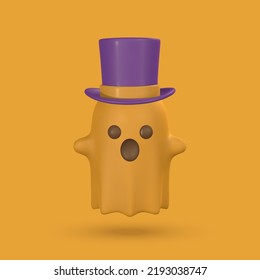 Cute cartoon 3d Halloween ghost with top hat. Halloween concept. Vector illustration.