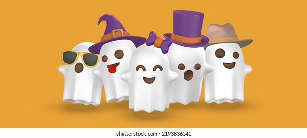 Cute cartoon 3d Halloween ghost with top, witch hats and bow. Halloween concept. Vector illustration.