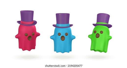 Cute cartoon 3d Halloween ghost with wizard cap. Halloween concept. Vector illustration.