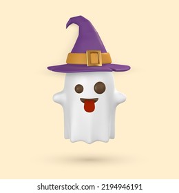 Cute cartoon 3d Halloween ghost with witch hat. Halloween concept. Vector illustration.