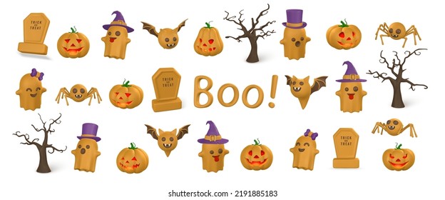 Cute cartoon 3d Halloween objects: pumpkin, ghost, tombstone, bat, spider and candy. Halloween concept. Vector illustration.