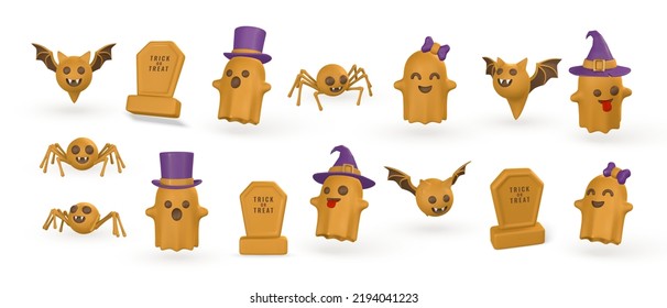 Cute cartoon 3d Halloween objects: pumpkin, ghost, tombstone, bat, spider and candy. Halloween concept. Vector illustration.