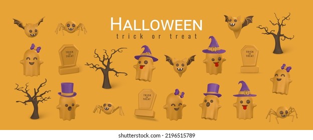 Cute cartoon 3d Halloween objects: pumpkin, ghost, tombstone, bat, spider and candy. Halloween concept. Vector illustration.