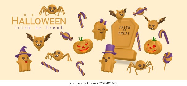 Cute cartoon 3d Halloween objects: pumpkin, ghost, tombstone, bat, spider and candy. Halloween concept. Vector illustration.