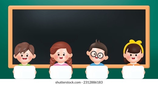 Cute cartoon 3d kids holding white placard back to school concept. 3d illustrator vector rendering design.