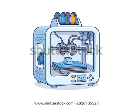 Cute Cartoon 3D Printer Illustration with Dual Extruders Printing a Blue Cube