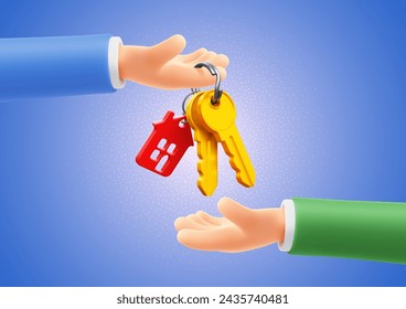 Cute cartoon 3d realistic hand giving keys from house. Concept of real estate, purchase or sell, ownership, property or rent. Vector illustration