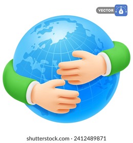 Cute cartoon 3d realistic hands hugging globe or planet Earth. Concept of ecology, environment, green energy, World Environment Day, 22 April, save the planet. Vector illustration