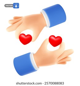 Cute cartoon 3d realistic heart passed from hand to hands. Concept of love, Valentines Day, 14 February, passion, donation or charity. Isolated on white vector illustration