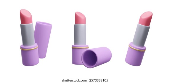 Cute cartoon 3D style lipstick set. Pink lip gloss decorative cosmetic product, purple lipstick case packaging design vector illustration. Beauty fashion makeup icon set.