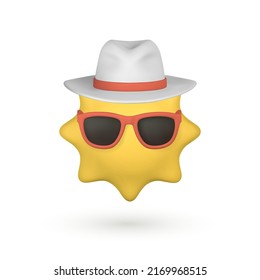 Cute cartoon 3d Sun with sunglasses and hat. Summertime object. Vector illustration.