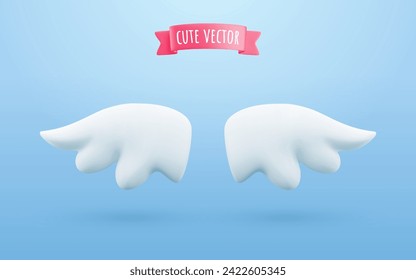 Cute cartoon 3d white wings on blue background. Vector two plastic angel wings illustration. 3d realistic minimal render