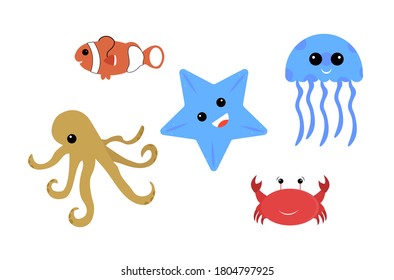 Cute cartoon of 5 different sea animals: Clown Fish, Crab, Jellyfish, Starfish, Octopus