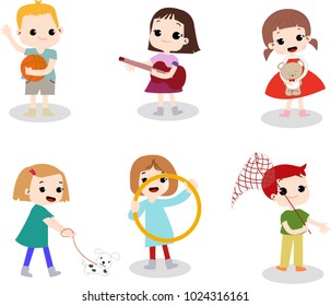 Cute cartoon 6  kids character smile and satisfied, happy playing activities,illustration by freehand draw doodle comic style,children set vector design